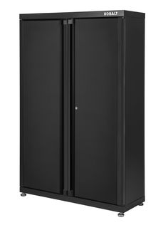 a black cabinet with two doors and wheels on the front, in front of a white background