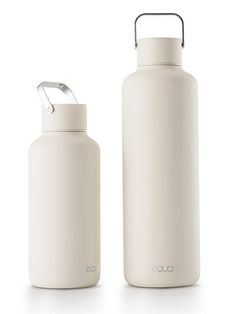 two white water bottles sitting next to each other