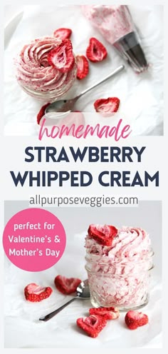 homemade strawberry whipped cream in a jar with strawberries on top