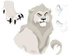 a drawing of a white lion with blue eyes and claws on it's face