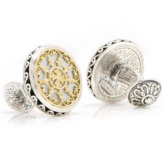 Show off true craftsmanship with these sterling silver and gold cufflinks. Made with spectacular detail and genuine Mother of Pearl, no one will be able to top what you are wearing. This is the pinnacle of men’s fashion. Elegant Engraved White Gold Cufflinks, Luxury Silver Hallmarked Cufflinks, Luxury Sterling Silver Cufflinks, Elegant Engraved Cufflinks, Luxury Engraved Cufflinks As Gift, Luxury Engraved Cufflinks For Gift, Pearl Stone, Man Stuff, Gold Cufflinks