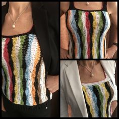 a woman wearing a multicolored knitted top