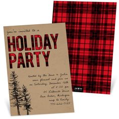 a holiday party card with plaid pattern and pine trees on the front, in red and black