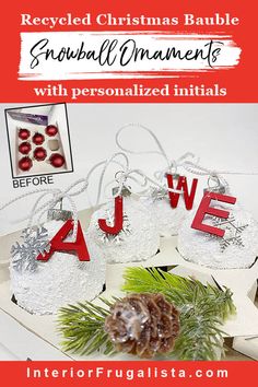 christmas bauble snowball ornaments with personalized initial letters and pine cone decorations