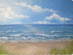 an oil painting of the ocean and beach with grass on the sand, blue sky in the background