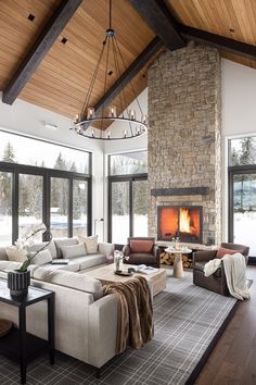 a living room filled with furniture and a fire place in the middle of a room