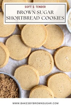 brown sugar shortbread cookies are arranged on top of each other with the words, soft & tender brown sugar shortbread cookies