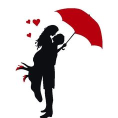 a silhouette of a man and woman holding an umbrella with hearts flying around them on a white background