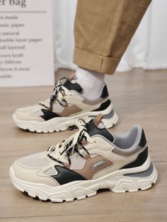 Men Lace Up Color Block Chunky Sneakers, Sporty Outdoor Sneakers Beige     Colorblock,Letter,All Over Print    Men Shoes, size features are:Bust: ,Length: ,Sleeve Length: Dad Shoe, Plateau Sneaker, Beige Sneakers, Old School Style, Men's Athletic Shoes, Lightweight Running Shoes, Chunky Shoes, Dad Shoes, Sole Sneakers