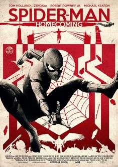 the poster for spider - man home coming is shown in red, white and black