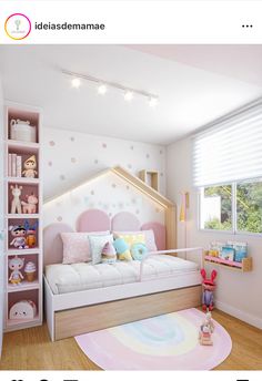 a child's bedroom with pink and white decor, bookshelves and toys