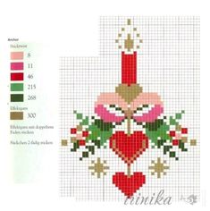 a cross stitch pattern with a red candle and flowers on it, in the shape of a heart