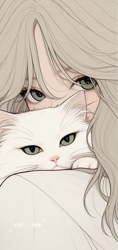 a woman with long hair and green eyes holding a white cat in her arms while looking at the camera