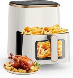 a white and gold electric food cooker with french fries on the plate next to it