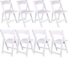 six white folding chairs sitting side by side in front of each other on a white background