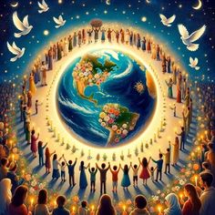 the earth surrounded by people holding candles and doves