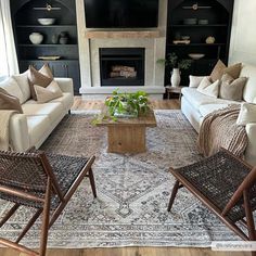 a living room filled with furniture and a fire place in the middle of a room