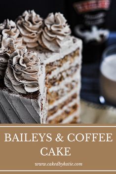 a close up of a slice of cake on a plate with coffee in the background