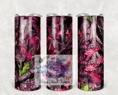 two tumblers with pink and green leaves on them