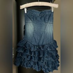 -Brand New/Tags -Mini Dress, Halter Top/Ruffled Skirt Bottom -Jean Material (Although Light Weight) -Size Small (Runs A Bit Small,At Fit Xsmall) -Comes To About 8 Inches Above My Knees And I’m 5’4 1/2 (This Was A Year Or So When I Could Fit Into It. This Is My Friend In The Pic) Blue Mini Hem Dress With Ruffles, Casual Tiered Denim Dress, Casual Mini Dress With Ruffle Hem, Chic Denim Mini Dress With Ruffles, Skirted Mini Dress With Ruffles For Party, Ruffled Mini Dress For Party, Denim Party Dresses With Ruffles, Spring Mini Dress With Ruffles, Fitted Ruffle Mini Skirt Dress