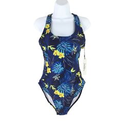 Nicole Miller Studio 1-Pc Swimsuit Womens Medium Racerback Nautical Hawaiian Tropical Hibiscus Multicolor New With Tags Tropical Blue Swimming Bodysuit, Tropical Blue Bodysuit For Swimming, Blue Tropical Print Swimwear For Surfing, Blue Tropical Bodysuit For Poolside, Tropical Blue Bodysuit For Pool, Blue Tropical Bodysuit For Beach, Blue Tropical Bodysuit For The Beach, Blue Tropical Bodysuit For Beach Season, Fitted Hawaiian Style Blue Swimwear