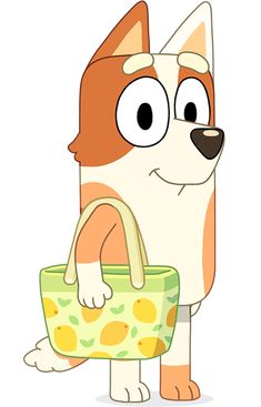 a cartoon dog holding a purse and looking at the camera with an expression on it's face