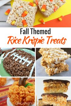 rice krispy treats collage with text overlay that reads fall themed rice krispie treats