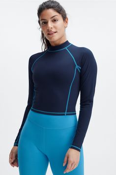 Gianna Mock Neck Long Sleeve Top Fabletics Deep Navy/Atlantis female regular Training 4-Way Stretch/Moisture-Wicking Our mock neck performance top Stylish Workout Clothes, Cold Weather Activities, Mock Neck Long Sleeve, Yoga Shop, Atlantis, Gym Outfit, New Outfits, Long Sleeve Top, Mock Neck