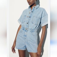 First Pic Is Similar But Not Identical It's A Very Light-Wash Denim (Almost White But Still Light Blue Hues) With Functional Silver Buttons, Cuffed Short Sleeves. New With Tags Combi Short Maje, Denim Jumpsuit Short, Zara Denim Jumpsuit, Cargo Overalls, Jumpsuit Short, Denim Playsuit, Collar Jumpsuit, Jeans Overall, Short Women Fashion