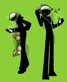 two people with headphones are standing next to each other, one holding a cell phone and the other listening to music