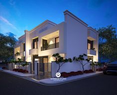 this is an artist's rendering of a two story house at night with lights on the balconies