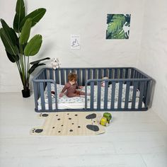 a small child sitting in a crib next to a potted plant and rug