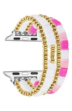 Beads and rondelles bring gleam and color to this friendship bracelet–inspired Apple Watch watchband that's an ideal gift for your bestie or yourself. 16mm band width Apple Watch not included Compatible with all Apple Watch series Stainless steel/resin Imported Trendy Gold Beaded Watch Bands, Trendy Beaded Gold Apple Watch Band, Trendy Gold Beaded Apple Watch Band, Trendy Adjustable Beaded Apple Watch Band, Adjustable Gold Apple Watch Band With Round Beads, Pink Adjustable Beaded Bracelet With Extender, Adjustable Pink Beaded Bracelet With Extender, Pink Beaded Bracelet With Adjustable Extender, Adjustable Gold Beaded Watch Bands