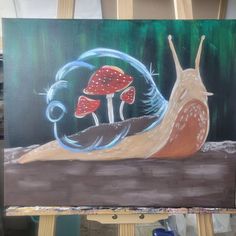 a painting of a snail with two red mushrooms on it's back