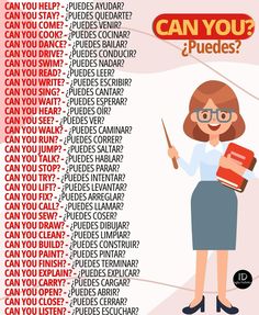 a woman with glasses holding a book and pointing to the words can you puedes?