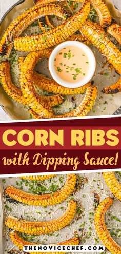 corn ribs with dipping sauce in a pan and on a plate next to the recipe