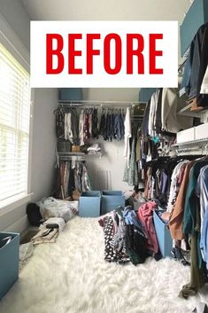 a closet with clothes and other items in it, before and after the makeover