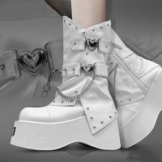 This price is for a pair of boots only, others are not included.   	 		 			Size 			35 			36 			37 			38 			39 			40 		 		 			Foot Length 			22.5 			23 			23.5 			24 			24.5 			25 		 		 			Heel 			5-8 			5-8 			5-8 			5-8 			5-8 			5-8 Round Toe Heeled Boots For Alternative Fashion, High-top Boots For Cosplay In Winter, Harajuku Boots With Round Toe For Alternative Fashion, High-top Platform Boots For Cosplay, Harajuku Style Platform Boots With Round Toe, Goth Platform Boots, Goth Platforms, White Goth, Platform Boots