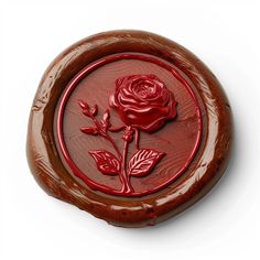 a red wax stamp with a rose on it's side and leaves in the center