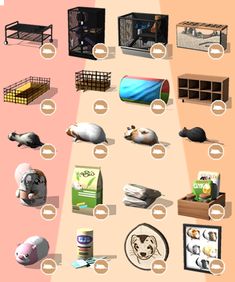 an image of various animal cages and food items in different stages of development, including hamsters