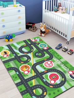 a child's room with a rug, crib and toy cars on the floor