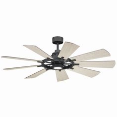 a ceiling fan that has four blades on the blade and one light is turned on