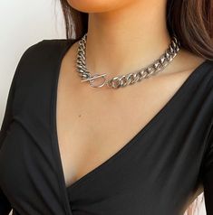 "Choose from a variety of chain styles and lengths with the toggle closure. All stainless steel ⛓ DETAILS: ★Non-tarnish: Wear it all day, everyday, in the pool, in the shower, and while you workout without the worry of it changing color 🌈 ★Hypoallergenic: Safer for most skin types ★ Can be worn with toggle in front, or behind the neck *14\" considered x-small ★ Affordable//Quality Necklace Widths: Chunky Curb Chain: 14mm - 16\" worn in photo Medium Curb Chain: 9mm Chunky Oval Link: about 12mm P Silver Toggle Clasp Choker Necklace, Silver Toggle Choker Necklace With Lobster Clasp, Silver Toggle Chain Choker Necklace, Silver Toggle Choker With Chunky Chain, Silver Toggle Necklace With Chunky Chain, Silver Chunky Chain Toggle Necklace Choker, Silver Chunky Chain Toggle Choker, Trendy Silver Toggle Chain Link Necklace, Trendy Silver Toggle Necklace With Chain