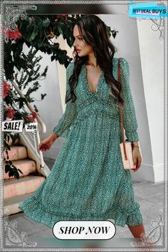 Zarnish Midi Dress - Basil Green Mid-length Dress Down, Green Mid-length Fall Dress, Green Mid-length Dress For Fall, Mid-length Green Dress For Fall, Chic A-line Dress For Date, Green Mid-length Maxi Dress For Day Out, Chic Green Mid-length Dress, Chic Green Maxi Dress For Fall, Chic Long Sleeve Dress For Date