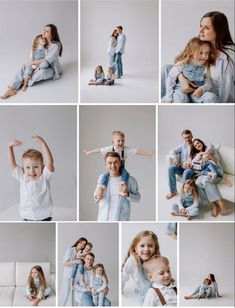 a collage of photos showing the same family posing for their own photo session with each other