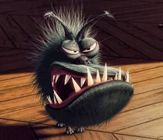 a cartoon character with an angry expression on his face and mouth, in front of a wooden floor