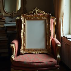 an ornate gold frame sitting on top of a red chair in front of a window