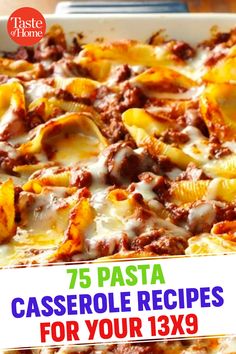 a pizza with cheese and other toppings on it in a white box that says 75 pasta casserole recipes for your 13x9