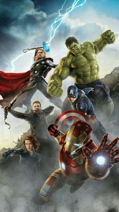 the avengers movie poster is shown with many different superheros in front of an overcast sky