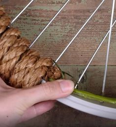 a person is holding a piece of food in front of a wheel that has several skewers attached to it